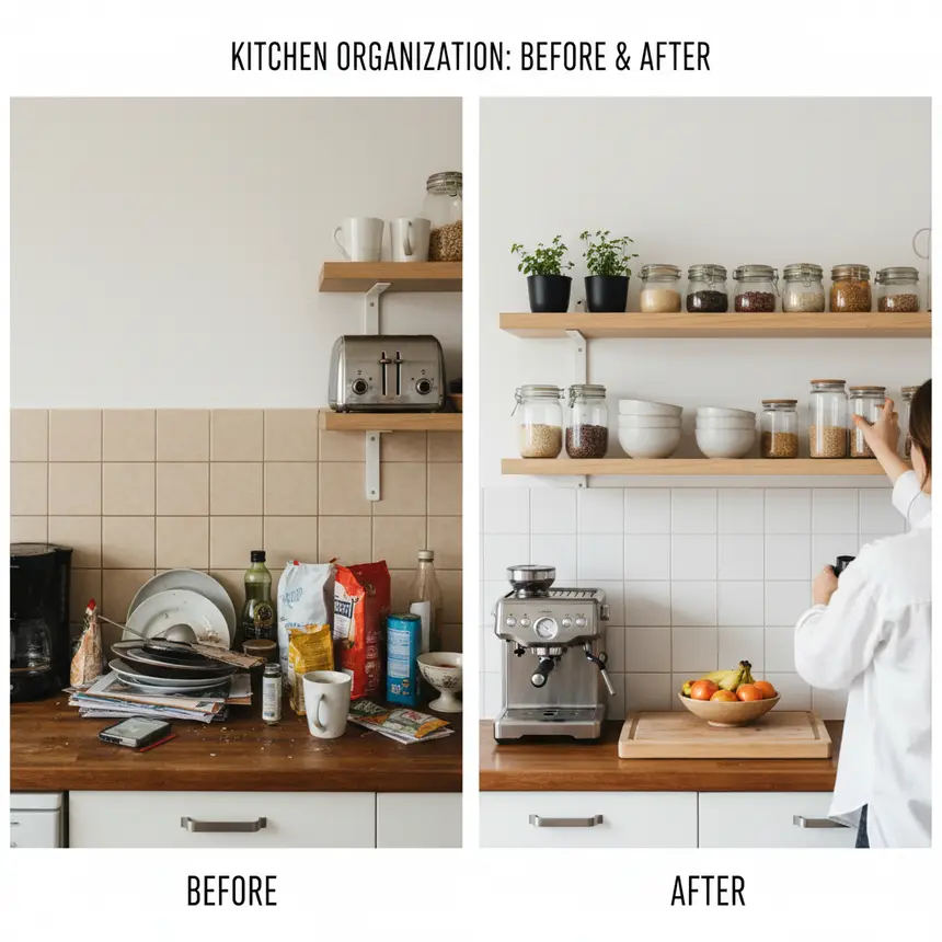 Before and after kitchen organization