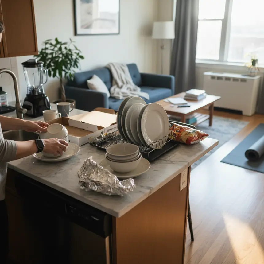 Cluttered kitchen counter