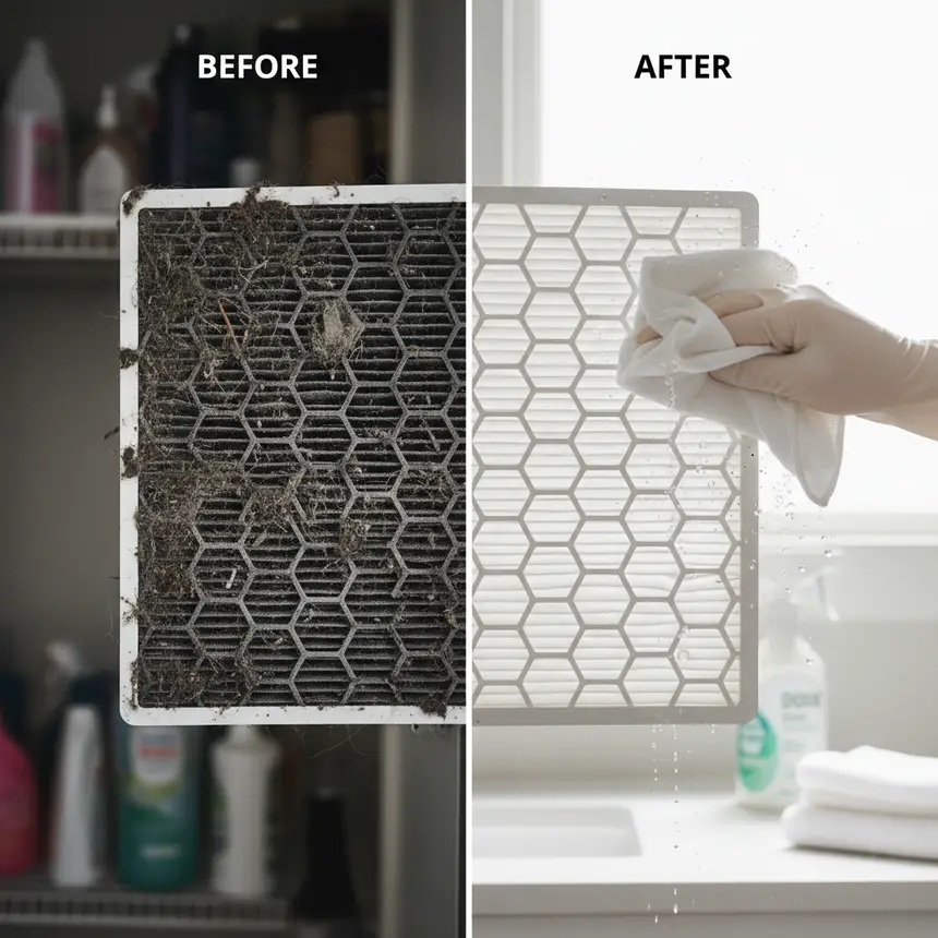 Clean and dirty air conditioner filters side-by-side comparison