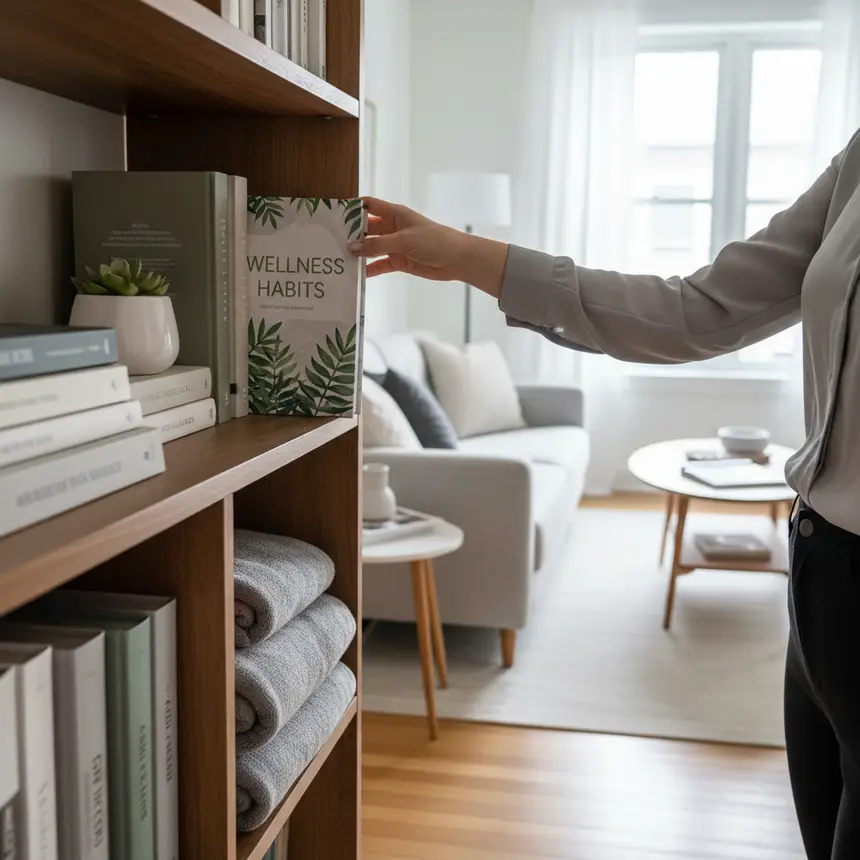 Hand organizing bookshelf