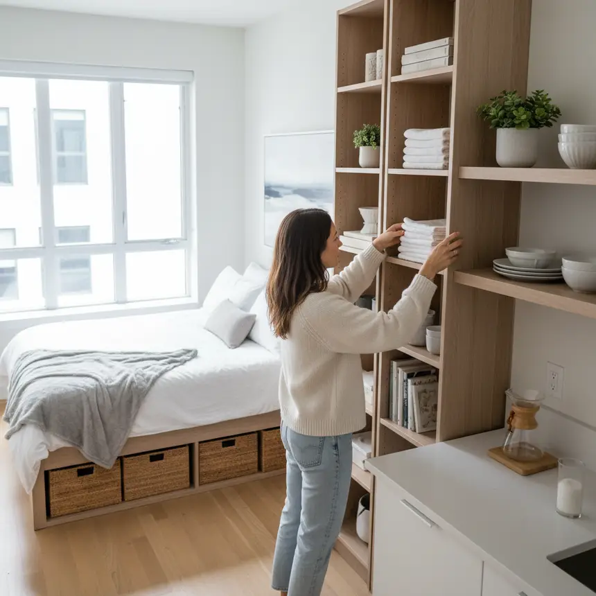 Organized studio apartment, efficient storage