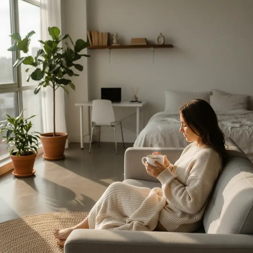 Woman relaxing in clean apartment
