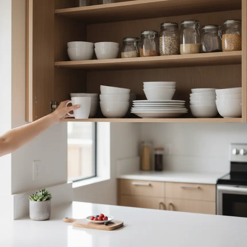 Person tidying up kitchen counter