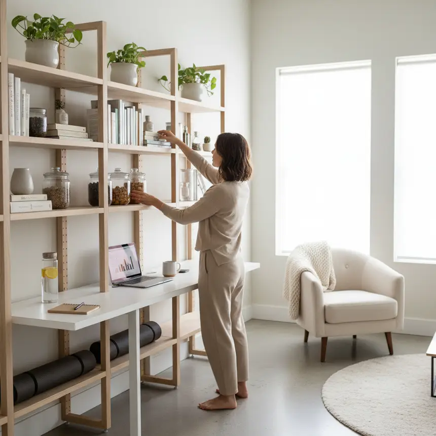 Organized living room with minimalist decor