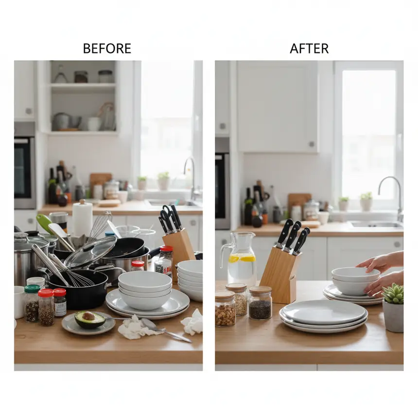 Kitchen counter before and after organization
