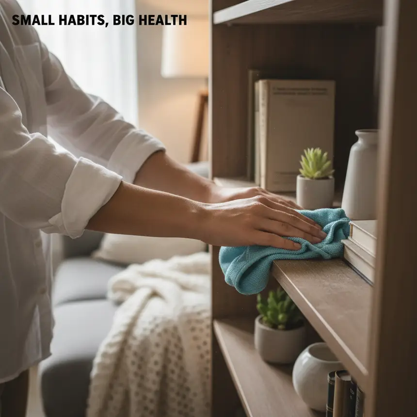 Hands cleaning a shelf
