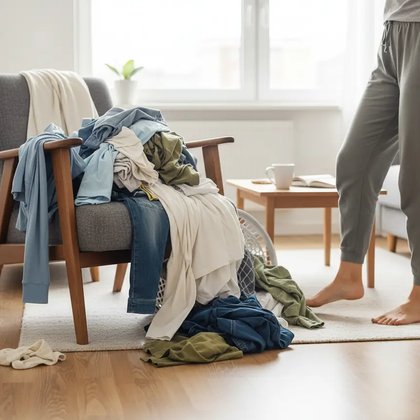 Messy laundry pile, apartment clothes