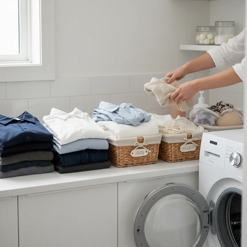 Sorting laundry by color, preparing to wash