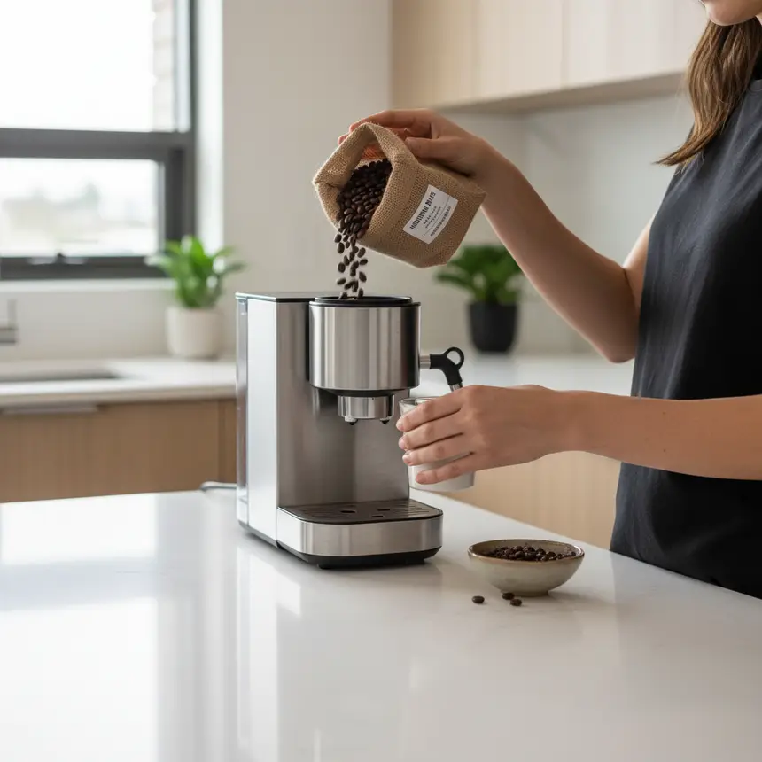 Hands pouring coffee beans into a machine