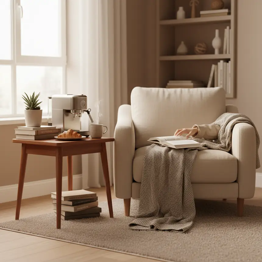 Cozy home cafe corner with coffee mug