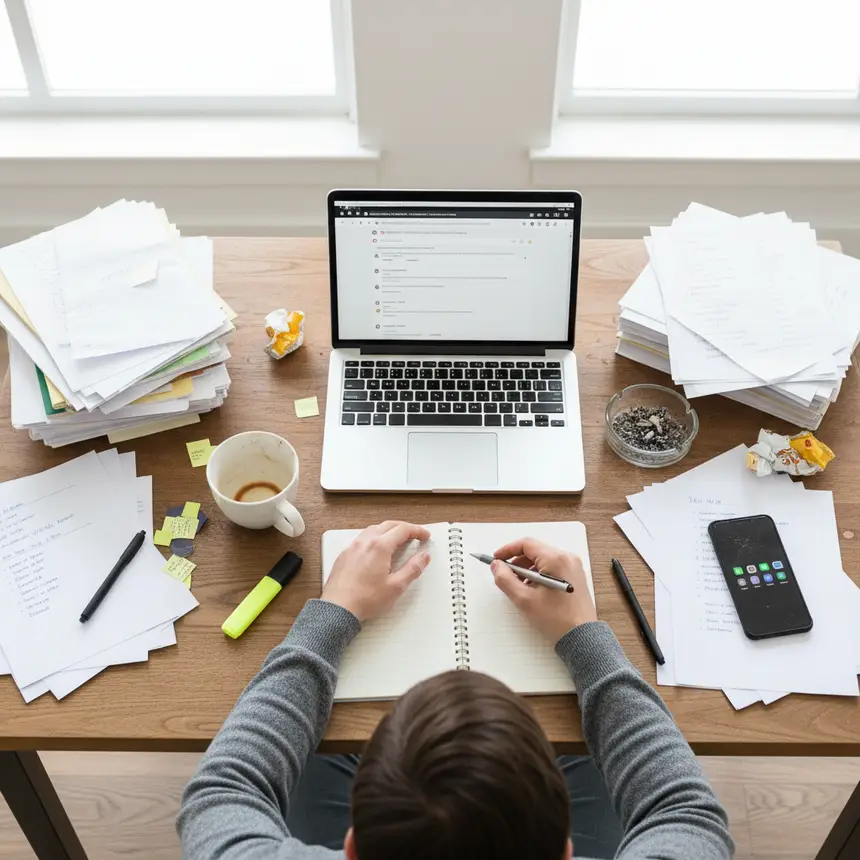 Disorganized desk with laptop and scattered items