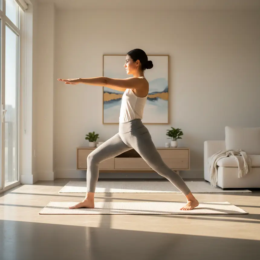 Morning yoga routine in a calm apartment