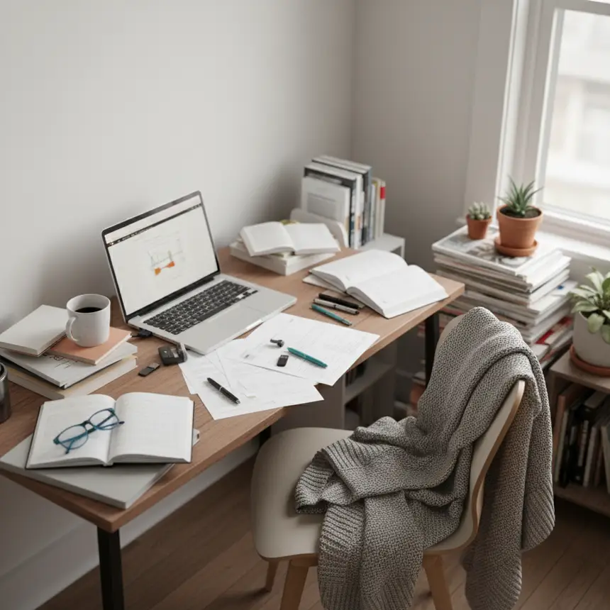 disorganized small apartment desk