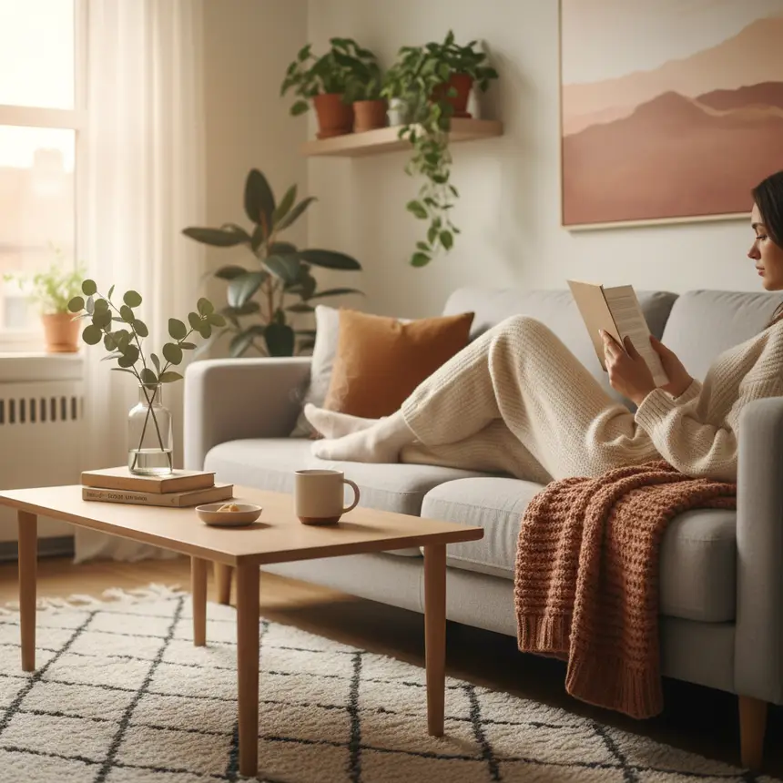 Cozy apartment, person relaxing