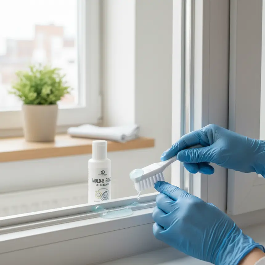 Close-up shot of a hand wearing gloves applying a gel-type mold remover to a window silicone, with a small brush for scrubbing. The background shows a clean, minimal apartment setting.