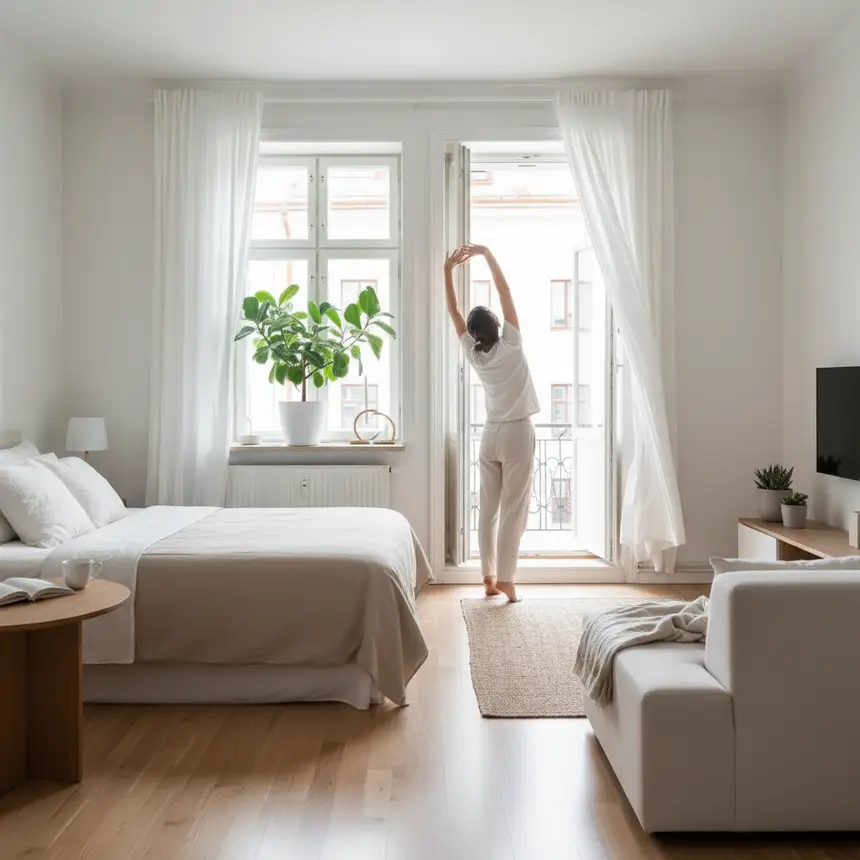 A modern, organized studio apartment with open windows for ventilation, sunlight streaming in, and a plant on the windowsill. No visible mold.