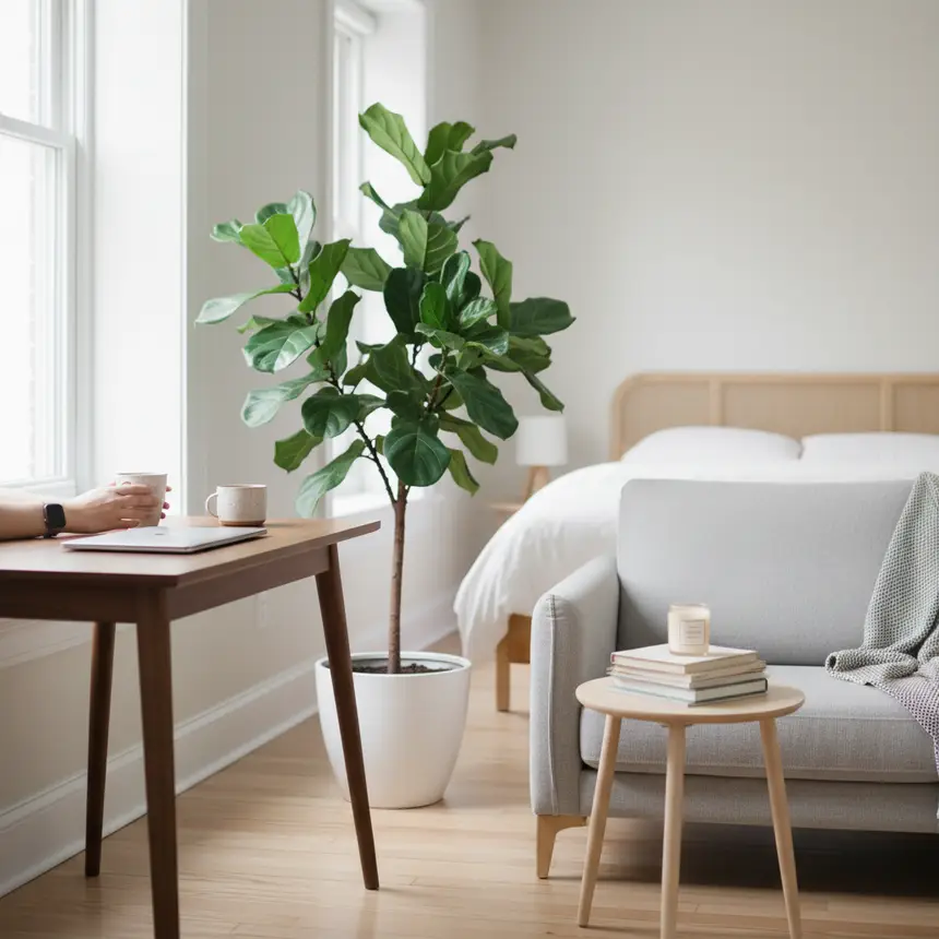 A bright, clean, and minimalist studio apartment with a healthy plant on a desk, conveying a sense of peace and well-being. No clutter or mold.