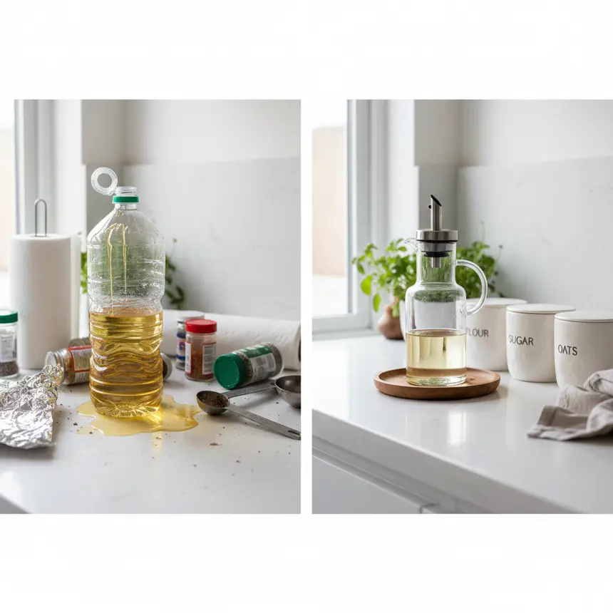 Before and after comparison of greasy countertop