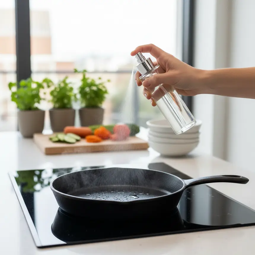 Hand spraying oil onto pan