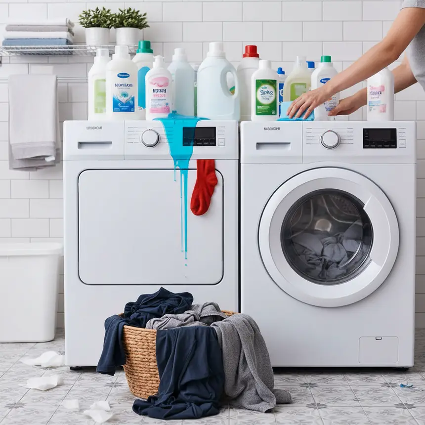 Messy laundry area with spilled detergent and cluttered bottles