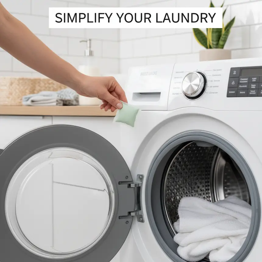Hand placing pre-portioned detergent into washing machine