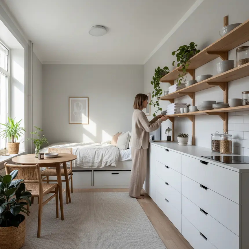 Organized studio apartment, efficient space utilization