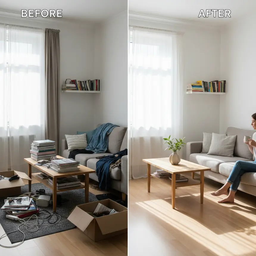 Apartment tidying before and after, organized space