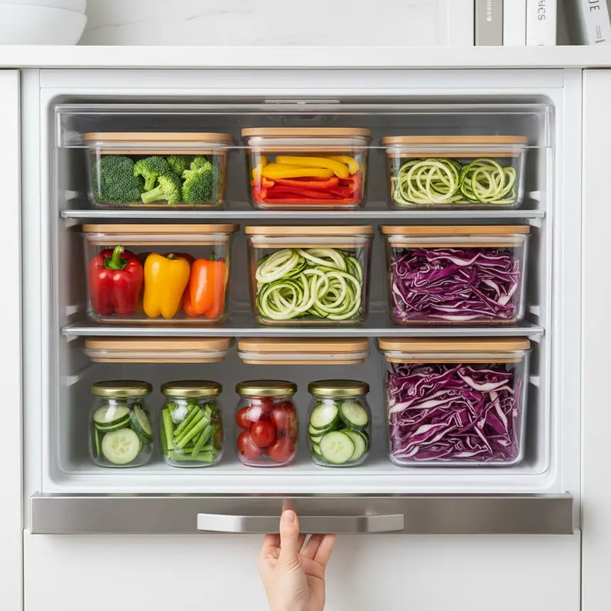 Organized fridge, prepped vegetables, storage containers