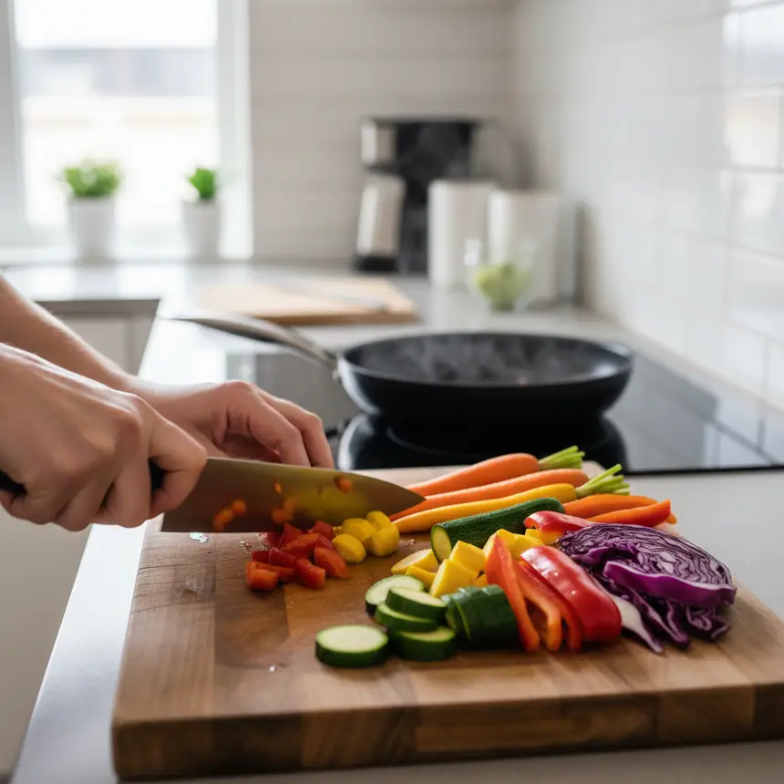 Easy meal routine, vegetable prep, cooking process