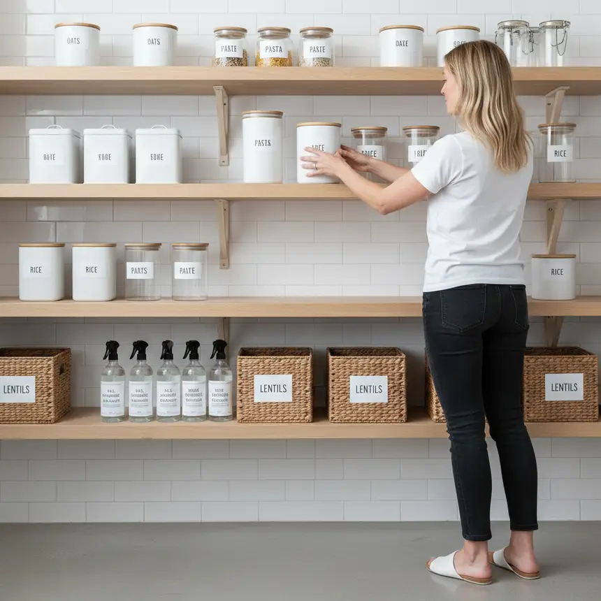Well-organized pantry with few, clearly labeled items and visible empty shelf space