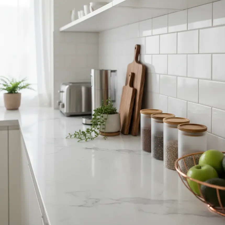 Spotlessly clean kitchen counter with minimal, functional items and ample open space
