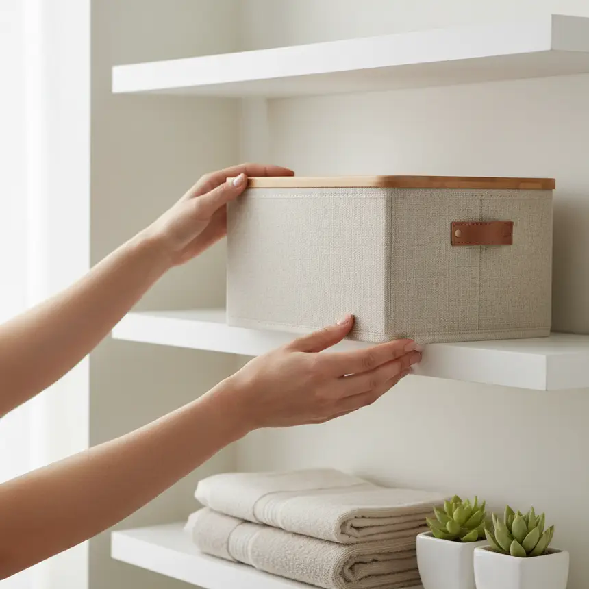 Hands carefully placing an aesthetically pleasing storage box onto a neatly arranged shelf in a minimalist apartment