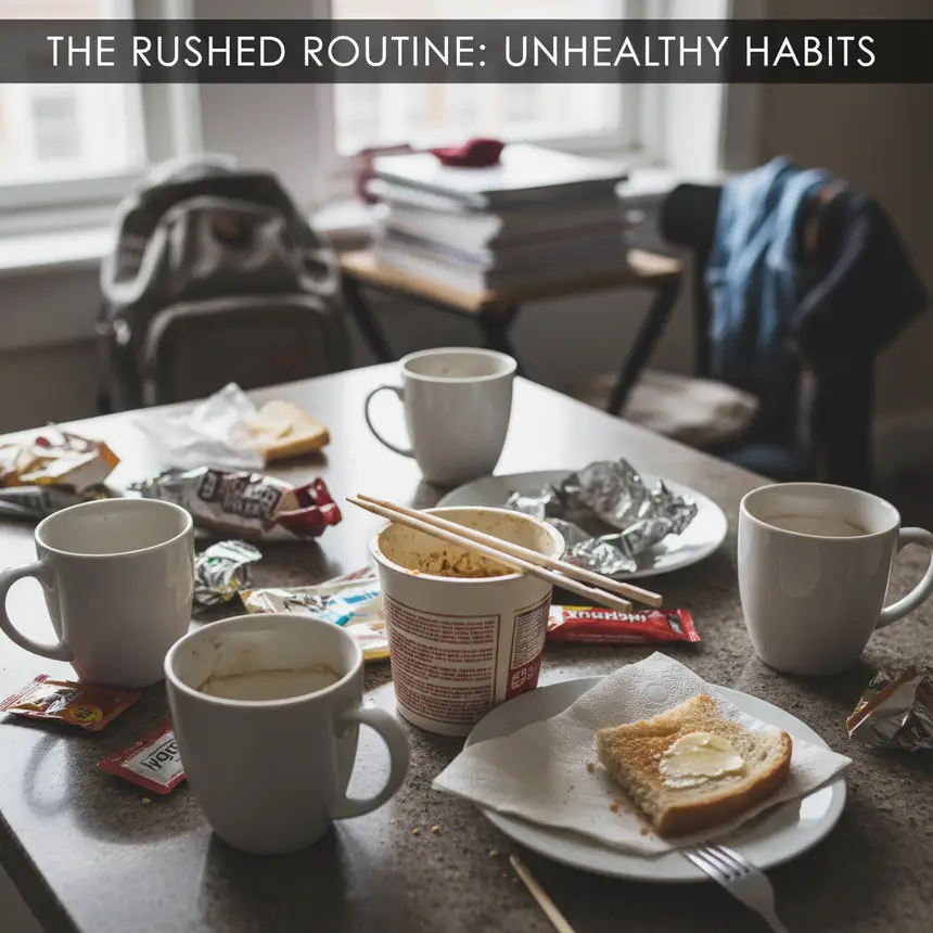 Cluttered kitchen, rushed morning