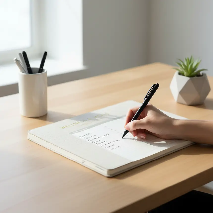 Writing a shopping list in a planner