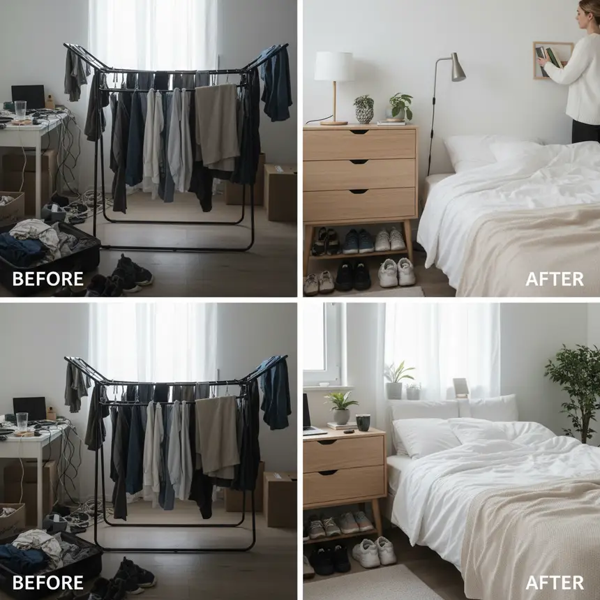 Before and after tidy apartment