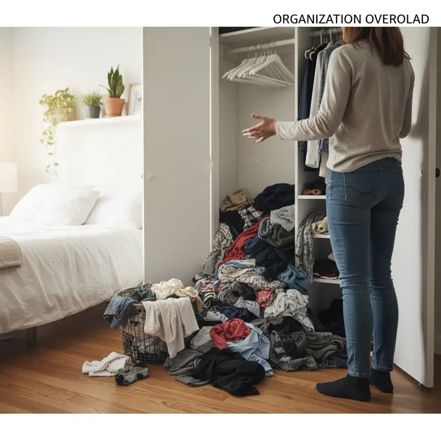 Small apartment closet with disorganized clothes