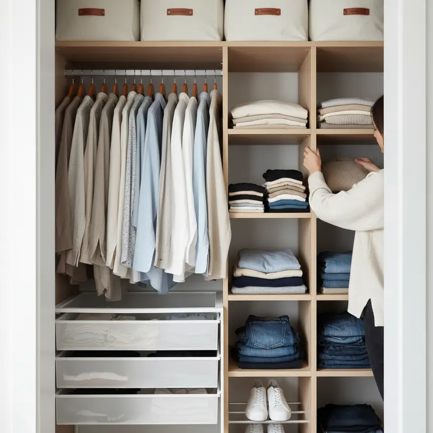 Organized small apartment closet with vertical storage