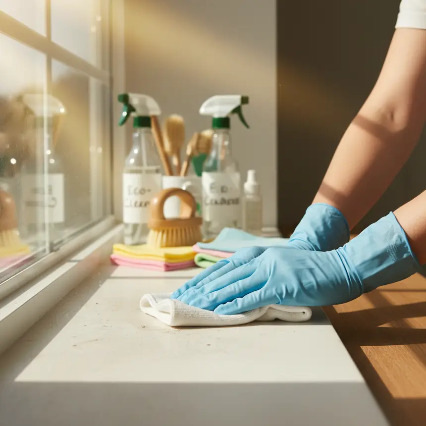 Hands cleaning window sill, organized tools