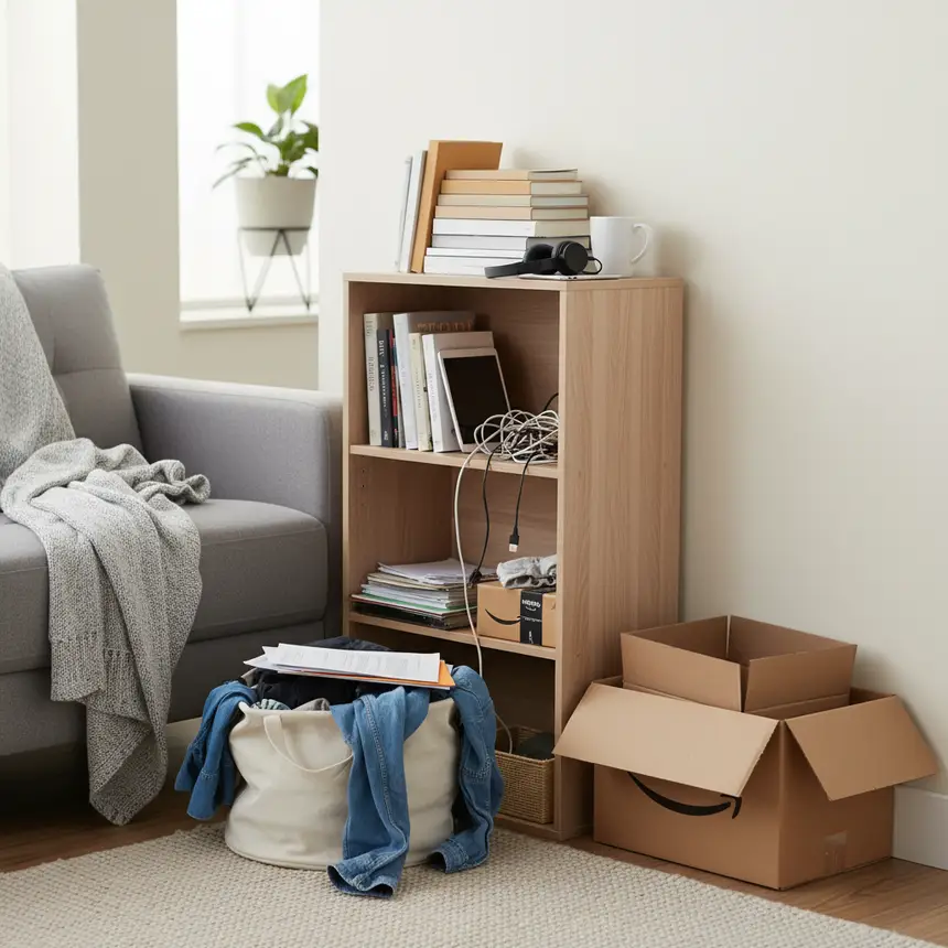 living room with cluttered corner
