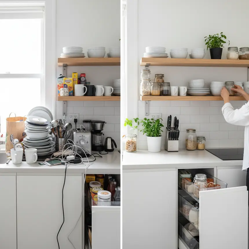 before and after of a small apartment kitchen