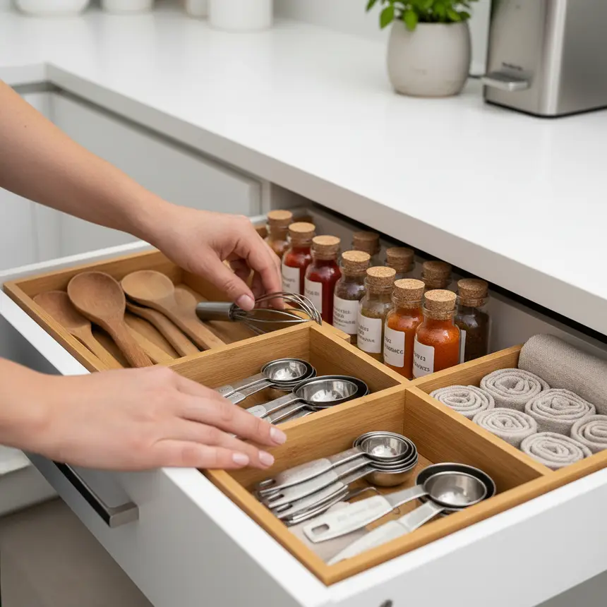 hands organizing a kitchen drawer