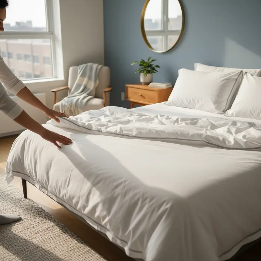 Person making bed in morning light