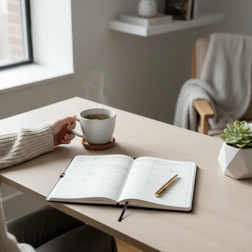 Organized desk with planner and tea