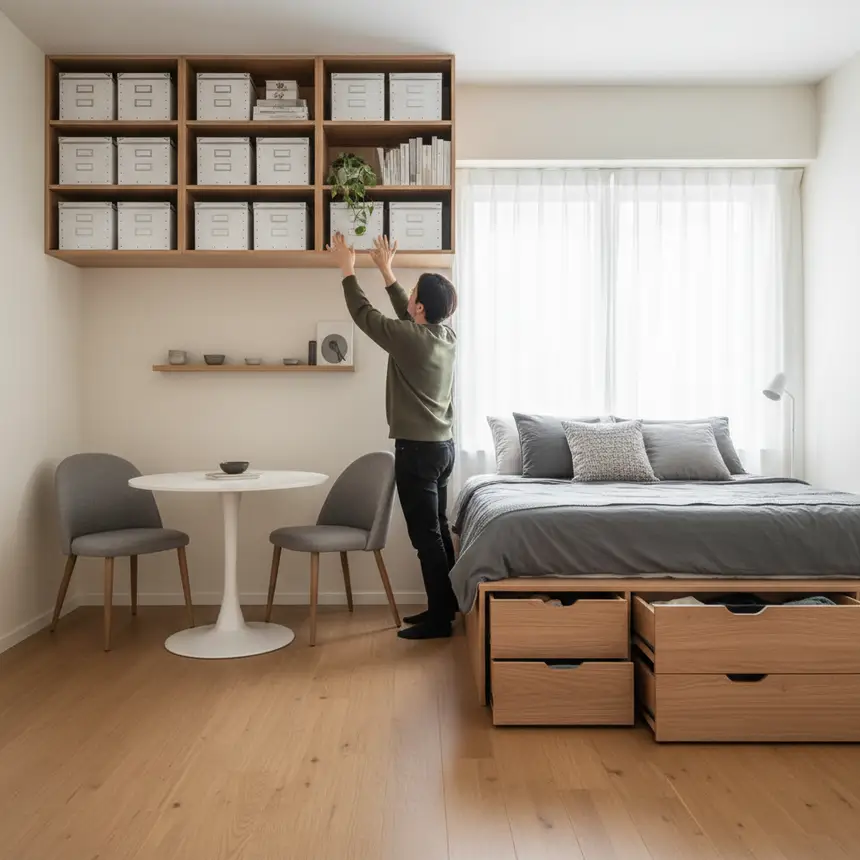 organized studio apartment, space-saving furniture