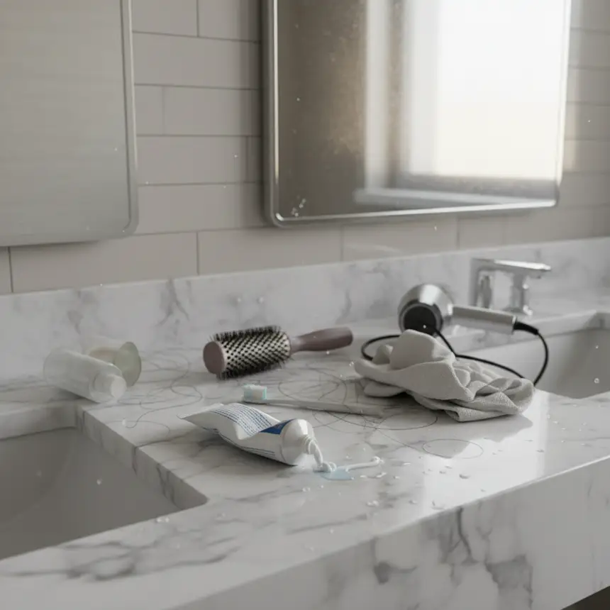 Cluttered bathroom counter
