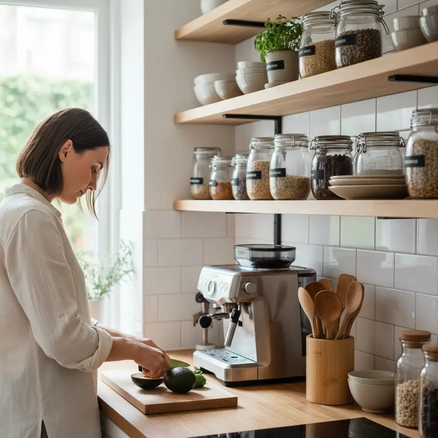 Organized kitchen with wall shelves
