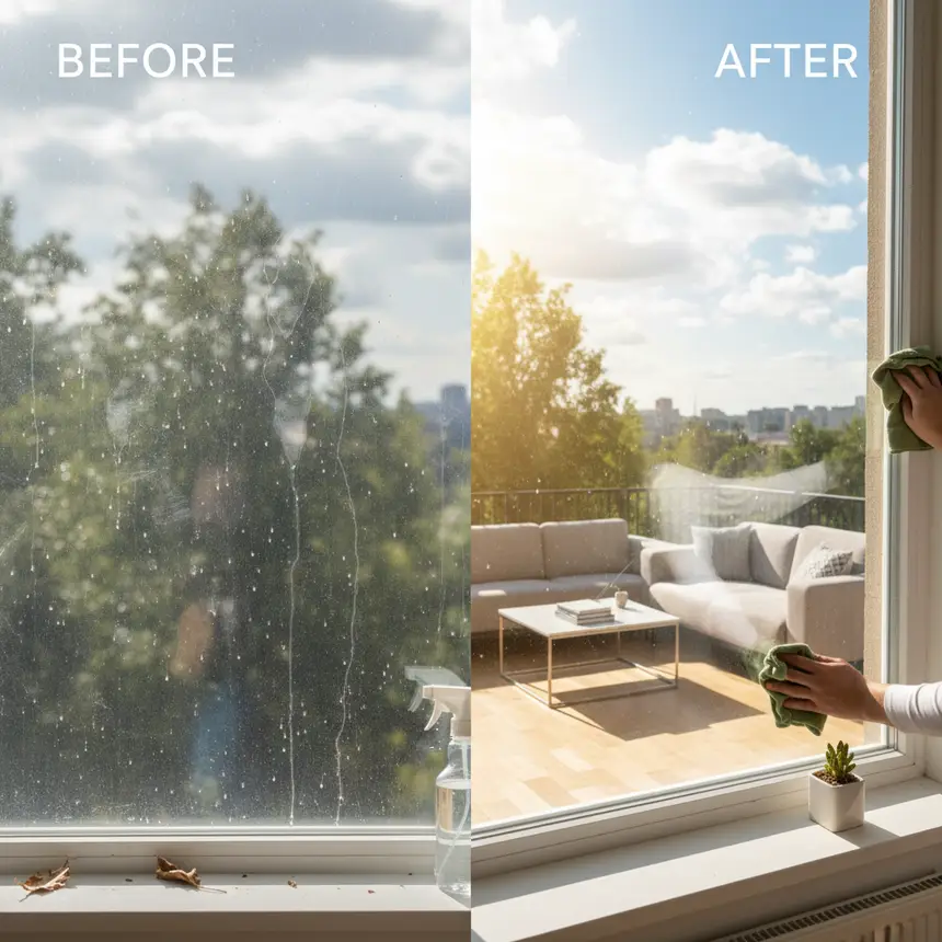 Before and after window cleaning, sparkling window, fresh room