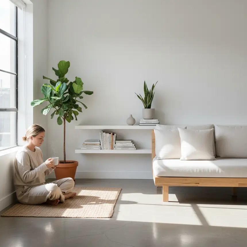 Calm studio apartment, minimalist living