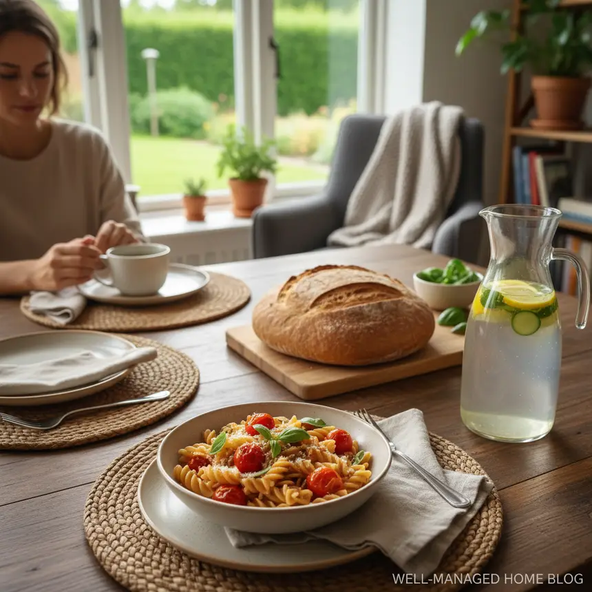 Cozy dining, homemade meal satisfaction