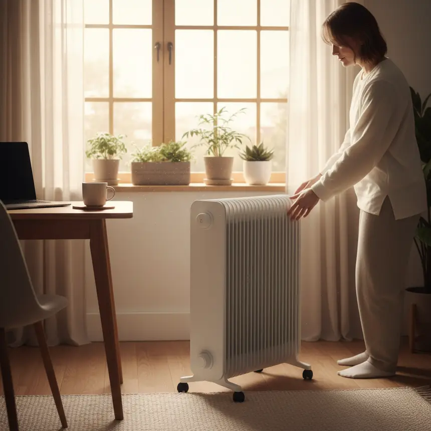 Organized studio apartment, efficient heating setup